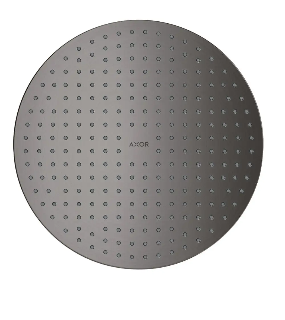 Runde Brause mit gleichmäßiger Wasserverteilung, beschichtet in mattem Schwarz. Das Logo der Marke AXOR ist in der Mitte sichtbar.